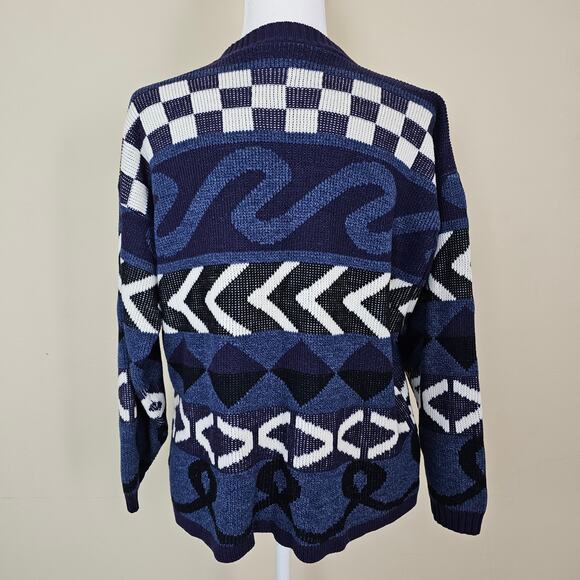 Vintage JJ Browne M/L Unisex Abstract Blue Sweater Knit Pullover 80s 90s Retro - Picture 3 of 10